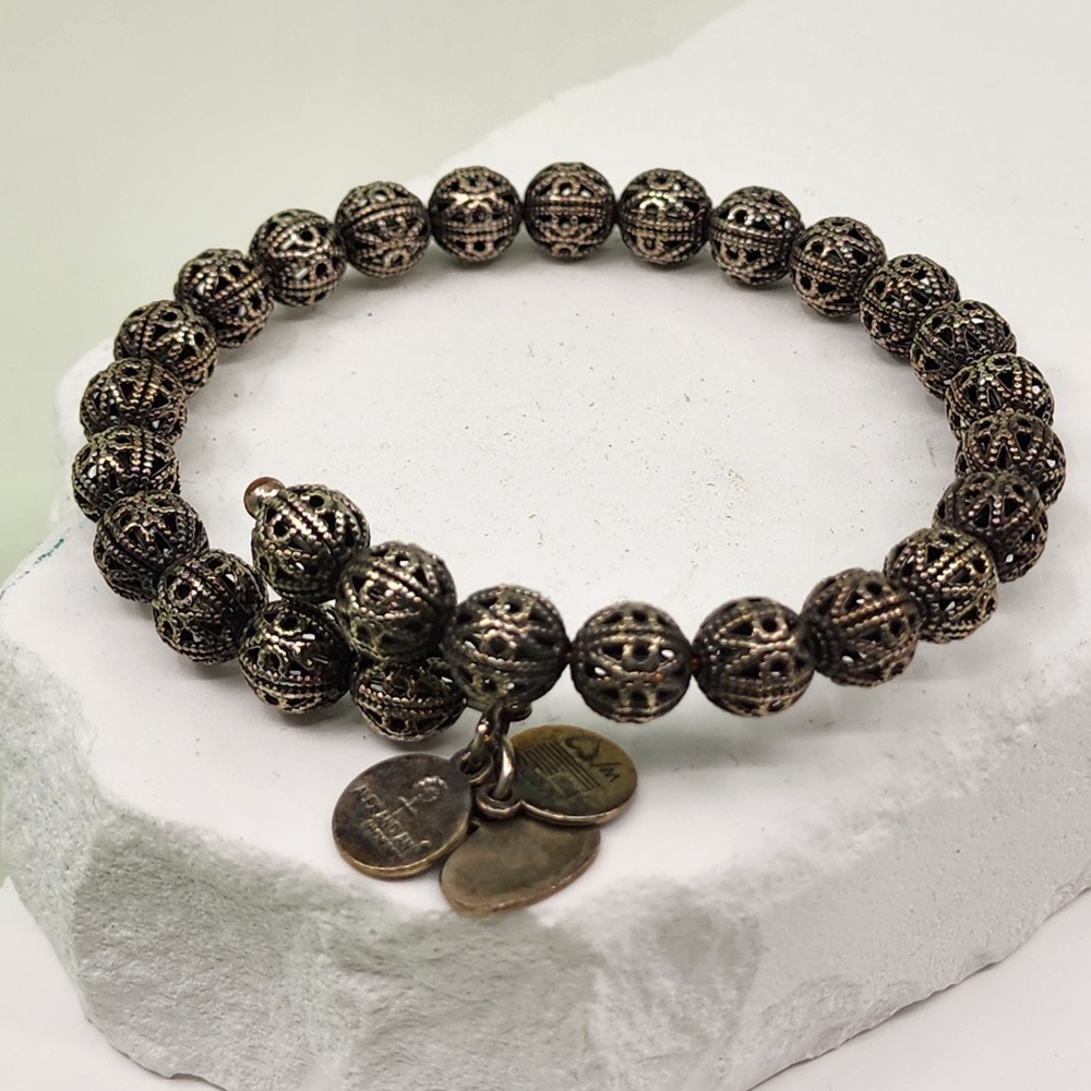 Alex & Ani Vintage Sixty-Six Bronze Tone Filigree Bead Bracelet Coin Charm Boho